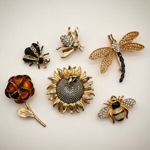 Vtg Gold Tone Garden Brooch Lot Sunflower MFA Bug Bee Dragonfly Rhinestone Stmt